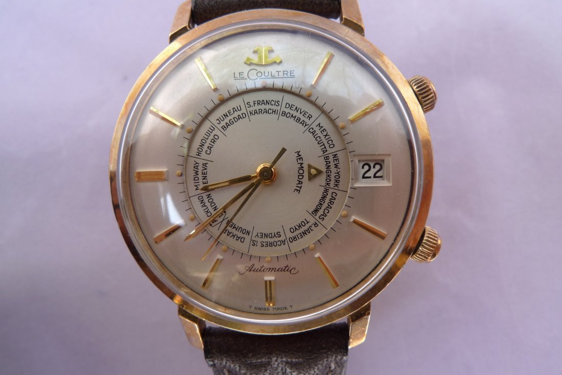 Jaeger LeCoultre World Time Memodate Alarm Auto Watch: Jaeger LeCoultre World Time Memodate Alarm Watch. Mechanical Automatic Winding. Mechanical Alarm Function, World Time, Date. 10K Yellow Gold Filled. 38 mm excluding crown. Recently serviced. Runs and 