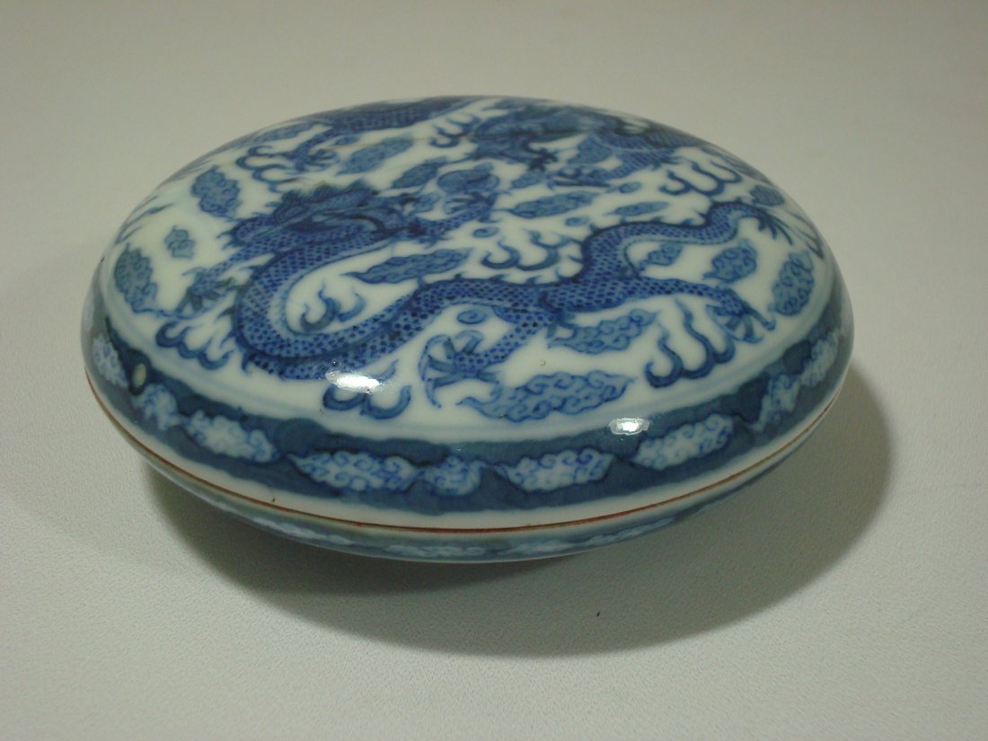 Antique Chinese Blue and White Ink Box with Dragon,: Antique Chinese Blue and White Ink Box with Dragon, Yongzheng mark. Maybe the period. 3 1/4" dia. 1 1/4" H. Provenance: American Asian Art Gallery