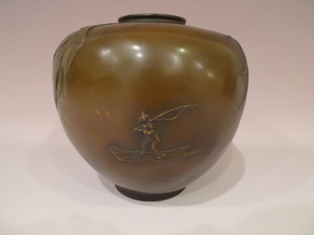 CHINESE OVOID SHAPE BRONZE VASE JAR: Chinese ovoid shape bronze vase with naturalistic design of leaves and a fisherman on a boat. Solid bronze. Republic period. H 8” x W 8” Provenance: From a McLean, VA estate