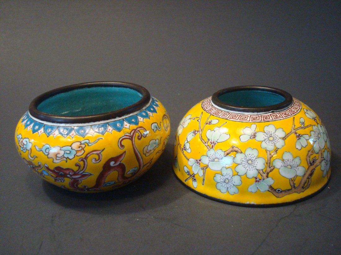 Two Antique Chinese Cloisonne Brush Washers, Qianlong: Two Antique Chinese Cloisonne Brush Washers, Qianlong mark, Very thick and heavy items. 2" H x 3 1/4" dia. Provenance: American Asian Art Gallery