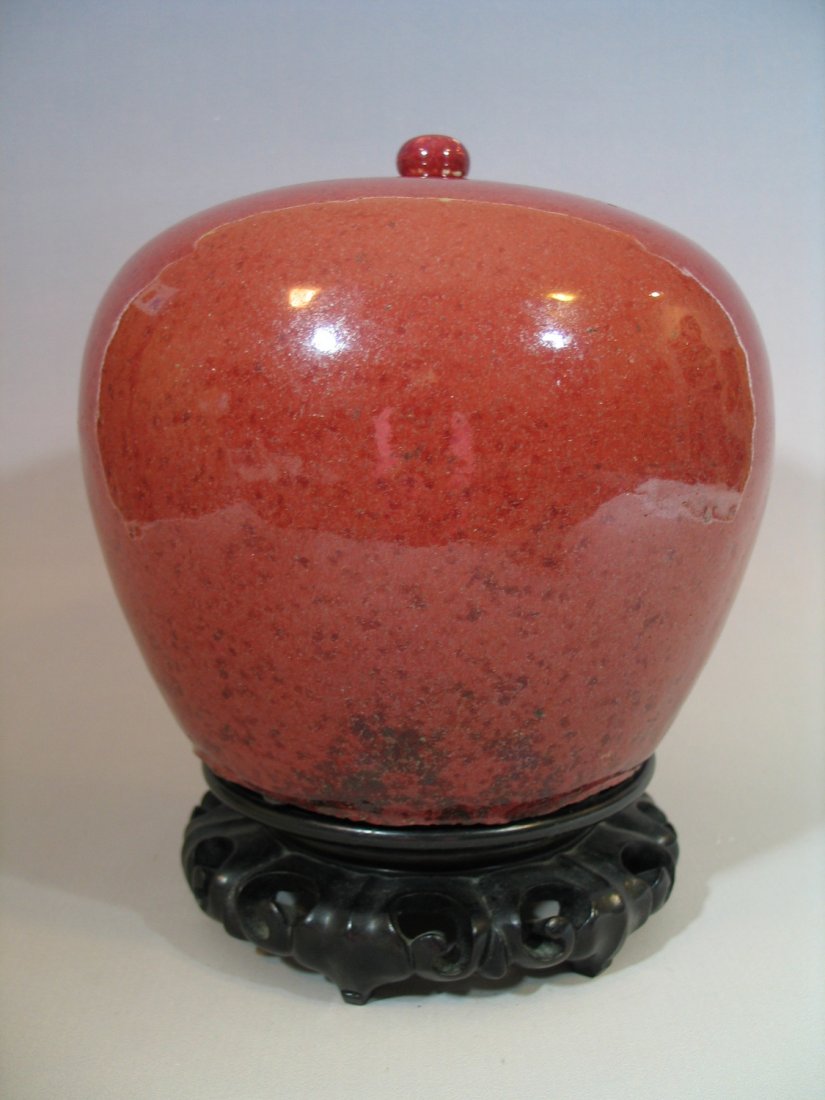 Antique Chinese Ox Blood Lidded Porcelain Jar, Qing: Antique Chinese Ox Blood Lidded Jar, Qing Dynsty. Ht 8 1/4 inches. The biggest diameter: 8 inches. Stand is not included for sale. Provenance: From a Washington DC estate.
