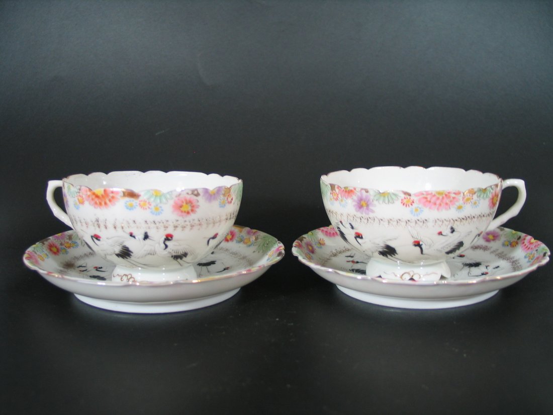 Japanese Egg Shell Famille Rose Porcelain Teacups: Japanese Egg Shell Famille Rose Porcelain Teacups. Saucer diameter: 5 1/2 inches. Cup Ht: 2 inches. Cup diameter: 3 1/2 inches.