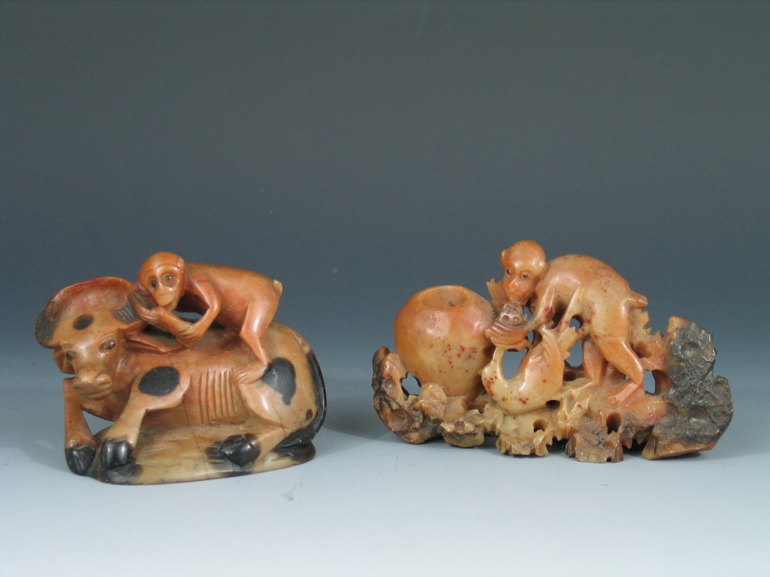 Two Antique Chinese Carved Soapstone Figure of Monkeys: Two Antique Chinese Carved Soapstone Figure of Monkeys. L: 3 inches to 4 inches. Ht: 2 1/2 inches.