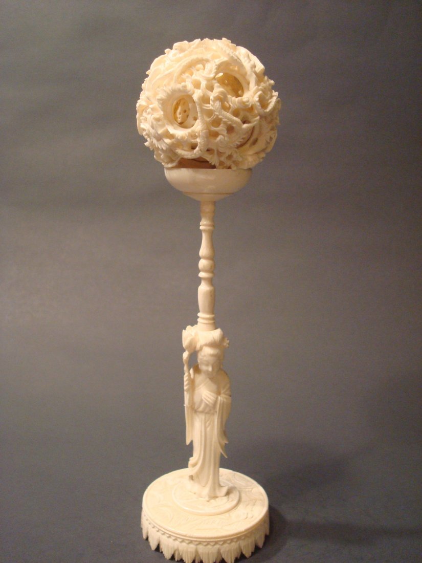 ANTIQUE Chinese Ivory Puzzle Ball with stand, 19th C: ANTIQUE Chinese Ivory Puzzle Ball with stand, 19th C
