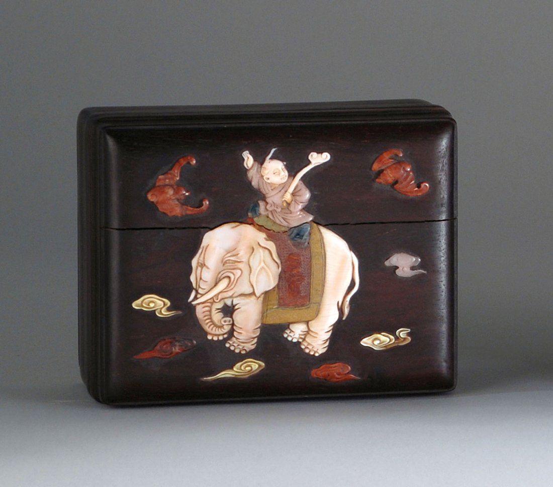 Antique Chinese Pietra Dura-inlaid box: Antique Chinese Pietra Dura-inlaid box with decoration of a child riding on an elephant with bats and clouds. Size: 5 1/2 inch X 2 1/2 inch X 4 inch.