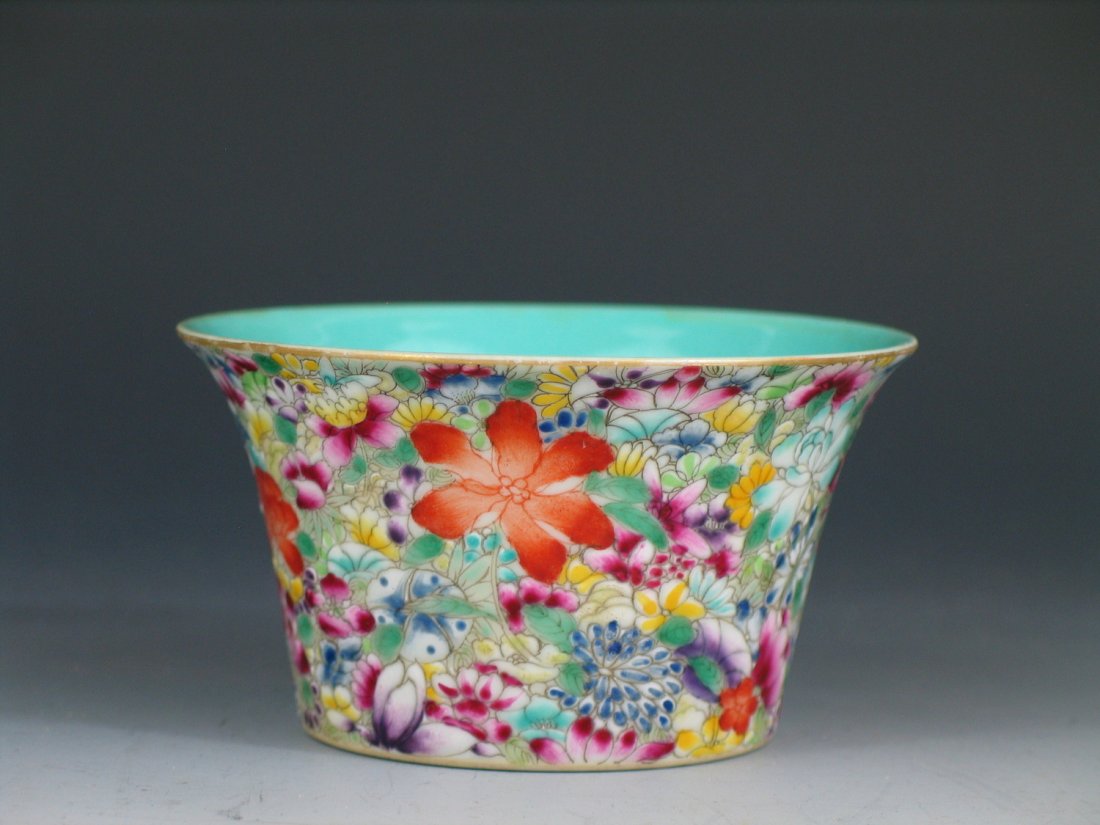 Antique Chinese Famille Rose Porcelain Bowl, "Thousands: Antique Chinese Famille Rose Porcelain Bowl, "Thousands Flowers" Pattern, Red Mark, early 20th Century. Ht: 2 1/4 inches. Diameter: 4 inches.