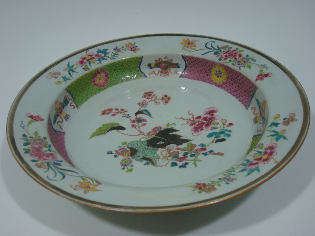 ANTIQUE Chinese Famille Rose Basin Chager with: ANTIQUE Chinese Famille Rose Basin Chager with Blossoms, 18th C. 14 1/2" dia, 3" deep