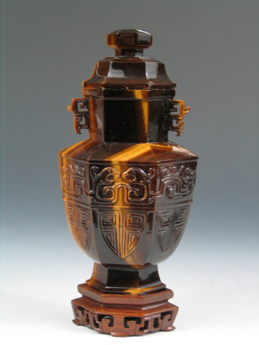 Antique Chinese Carved Cat's Eye Stone Vase: A Very Rare Antique Chinese Carved Cat's Eye Stone Vase with lid. Ht: 6 1/2 inches.