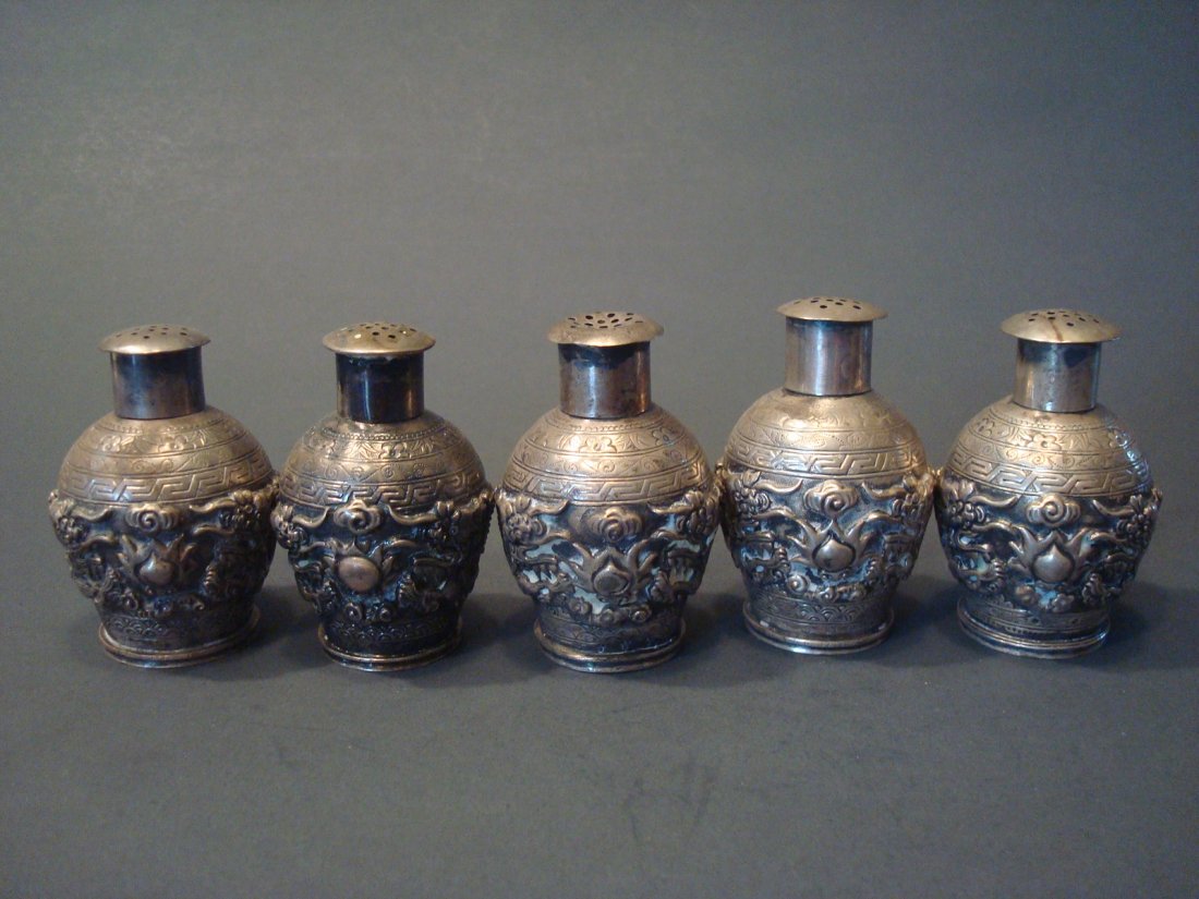 ANTIQUE Chinese Silver Salt Shakers, 19th C: ANTIQUE Chinese Silver Salt Shakers, 19th C. Size: 2 1/4" high