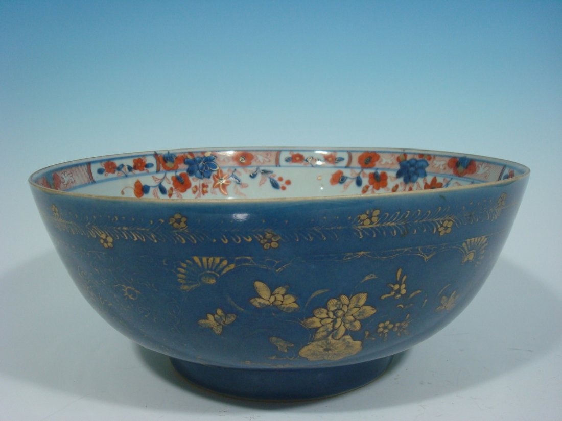 ANTIQUE Chinese Gilt Blue with Imari Punch Bowl, 18th: ANTIQUE Chinese Gilt Blue with Imari Punch Bowl, 18th C. Kangxi period.Size: 12" x 5 1/4" H