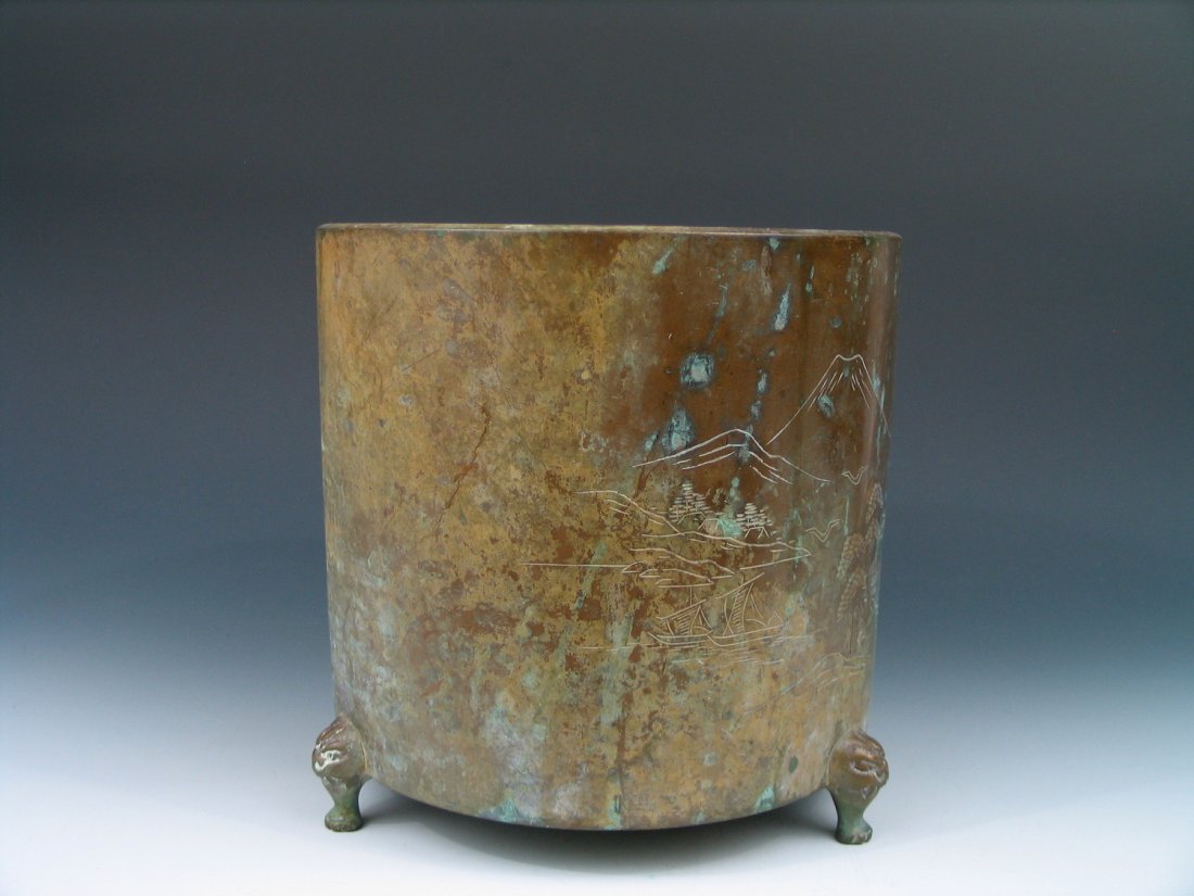 Antique Asian Copper Brush Pot.: Antique Asian Copper Brush Pot. Ht: 9 inches. Diameter: 9 1/4 inches.