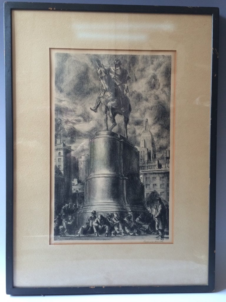 REGINALD MARSH (AMERICAN 1898-1954) SIGNED IN PENCIL: REGINALD MARSH (AMERICAN 1898-1954) C. 1933. WASHINGTON STATUE IN NEW YORK. LITHOGRAPH ON PAPER. SIGNED â€œREGINALD MARSHâ€ IN PENCIL. FRAMED. SOME OF HIS ARTWORKS HAVE BEEN COLLECTED IN WHITNE
