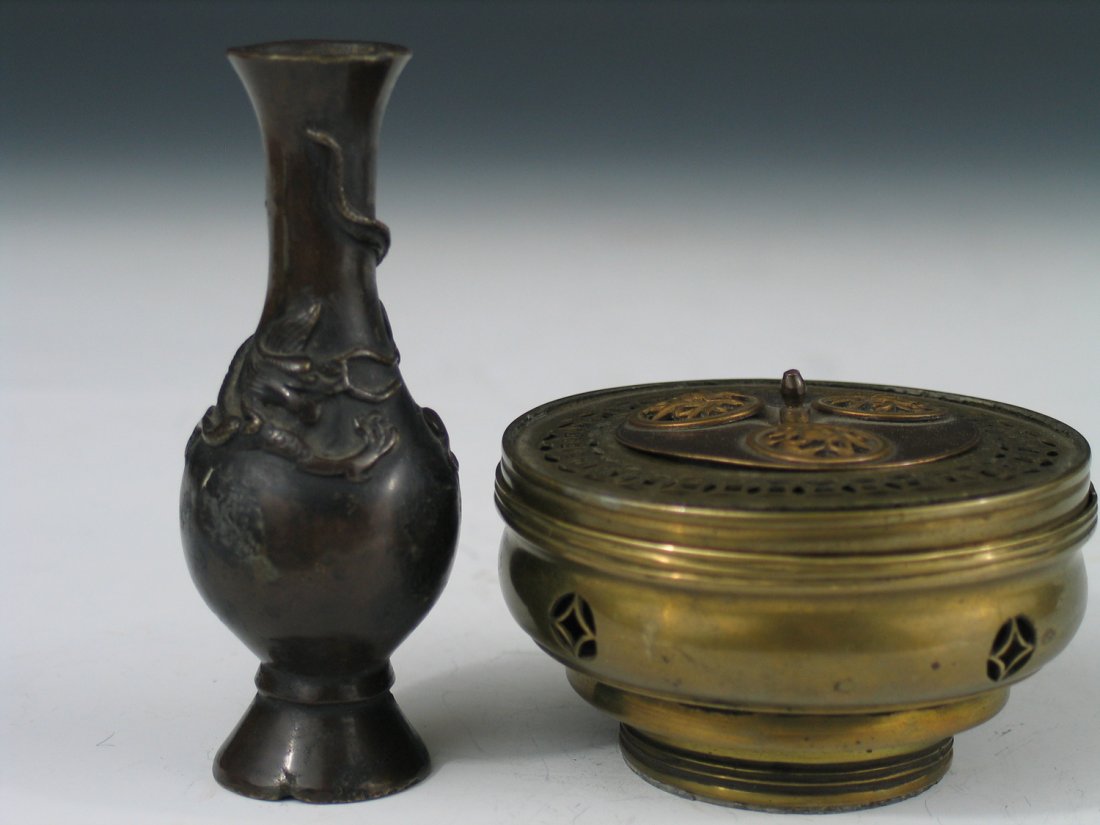Chinese Bronze Vase, Ming Dynasty and Incense Burner,: Chinese Bronze Vase, Ming Dynasty and Incense Burner, early 20th Century. Vase ht 10.5 cm. Incense burner ht 6 cm, diameter 8.3 cm.