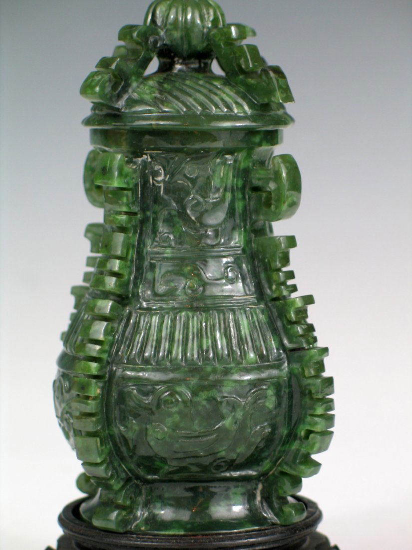 Chinese Carved Spinach Jade Vase with Lid