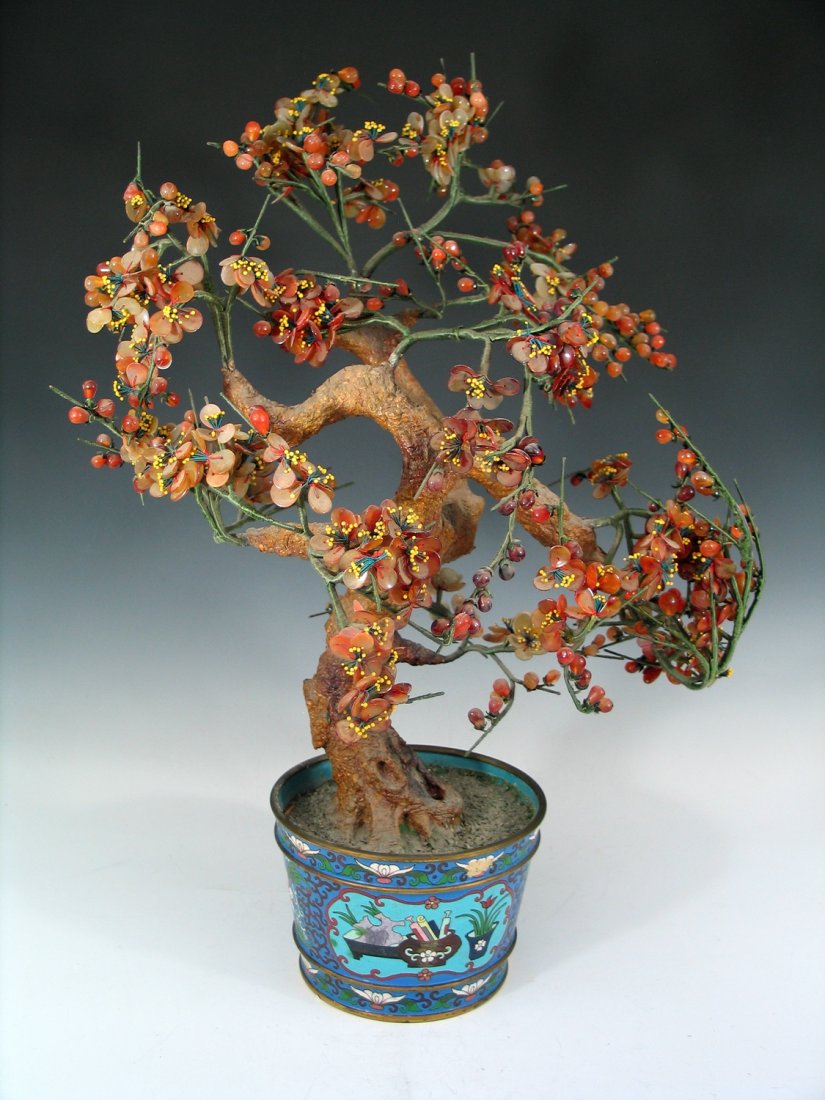 Chinese Agate Bonsai Tree with Cloisonne Planter. (1 of 3)