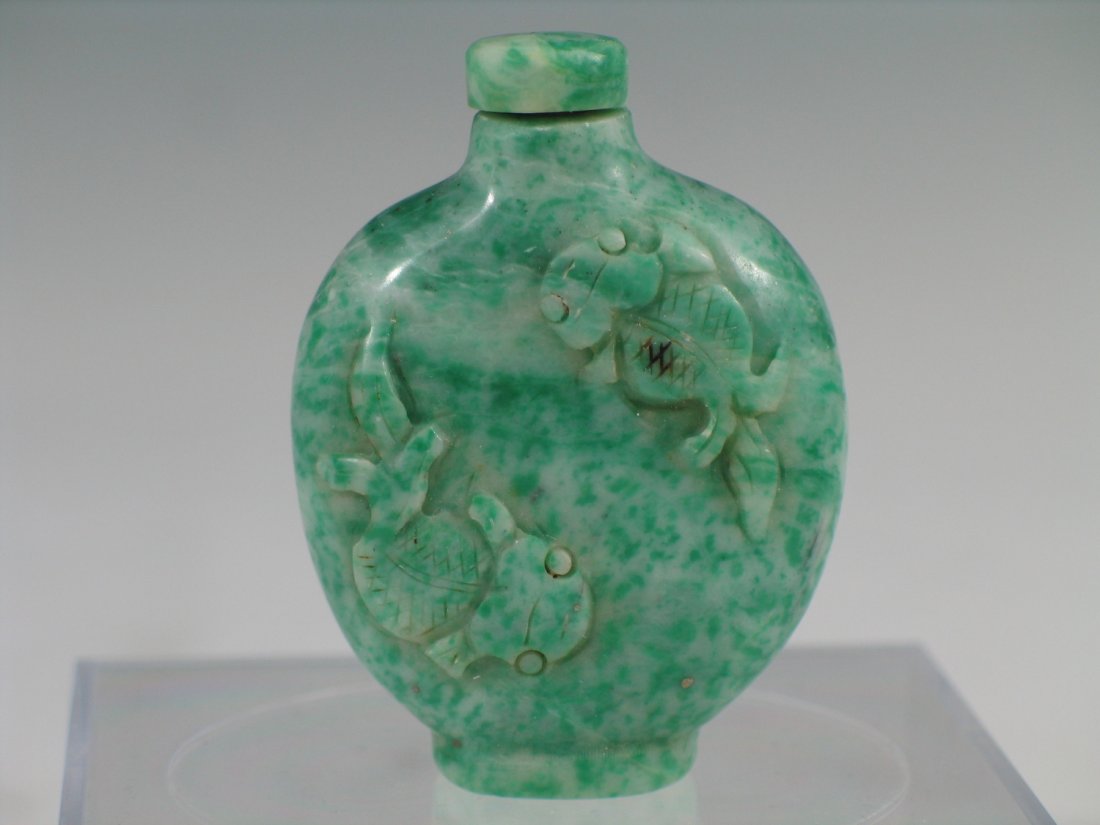 Chinese Stone Snuff Bottles Carved with Gold Fishes. (1 of 3)