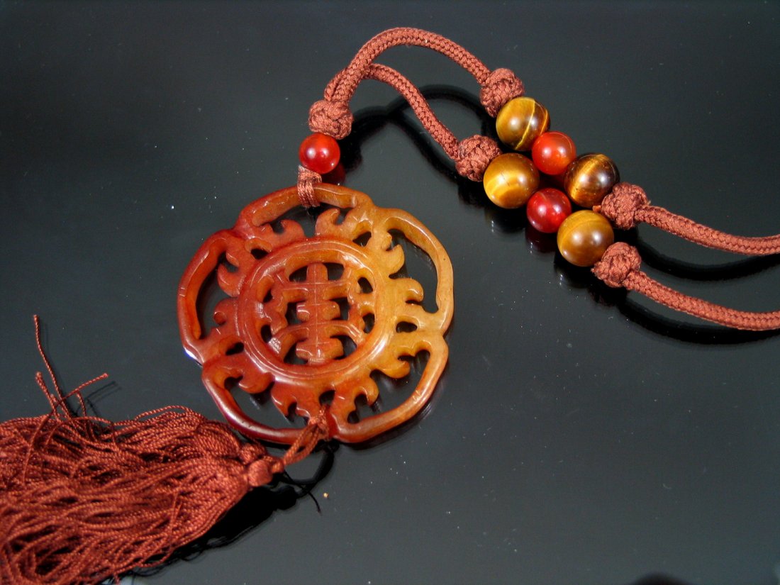 Chinese Tiger Eye Beads Necklace with Big Agate Plaque (1 of 4)
