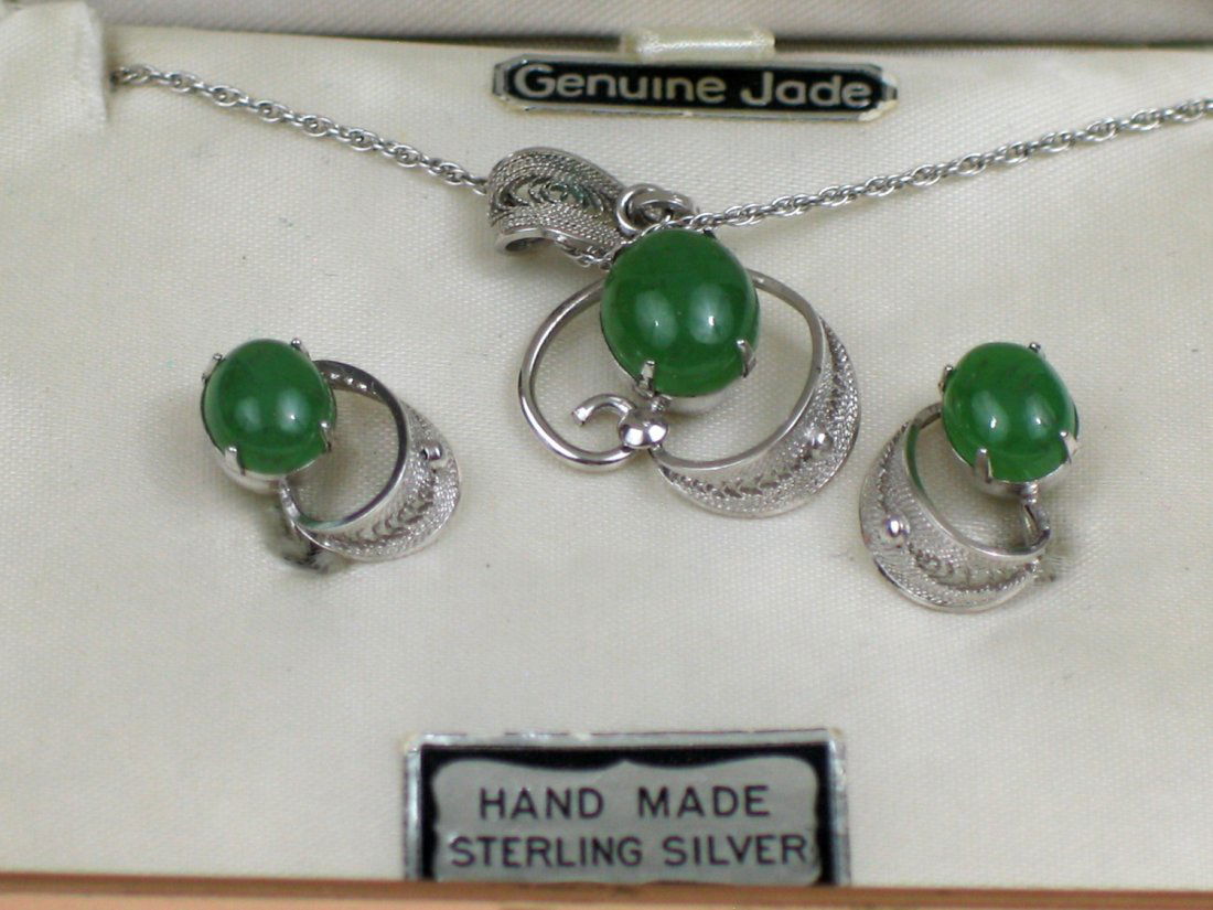 Set of Green Jade and Sterling Silver Necklace and Pair (1 of 1)