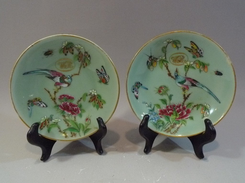 PAIR ANTIQUE CHINESE CELADON FAMILLE ROSE PLATE GILT (1 of 10)