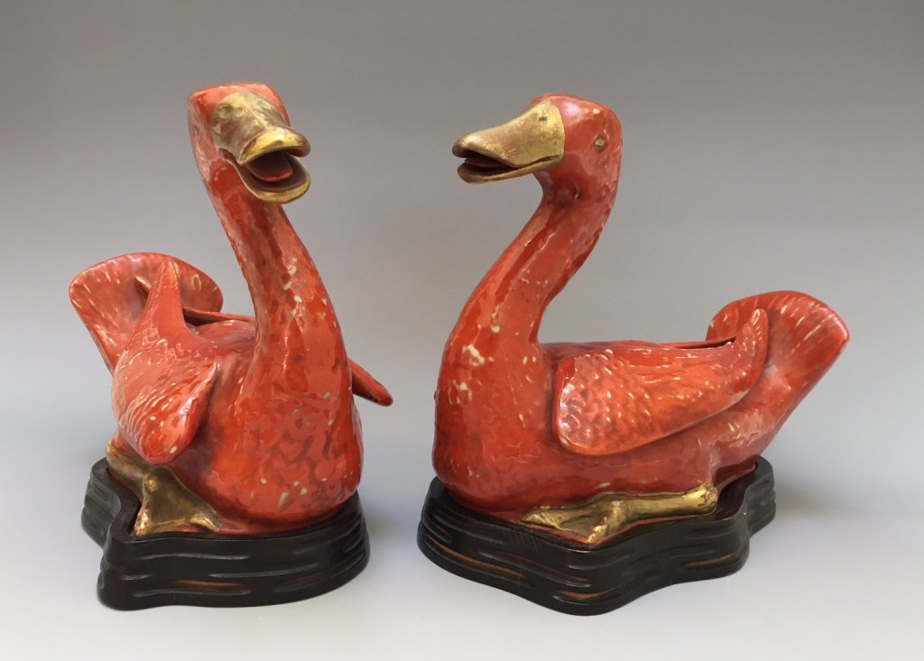 PAIR OF CHINESE ANTIQUE RED GLAZED  DUCK FIGURES, LATE (1 of 5)