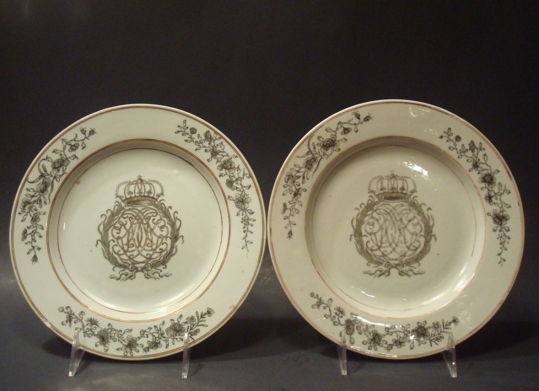 ANTIQUE Pair Chinese Grisaille Crown Plate with (1 of 10)