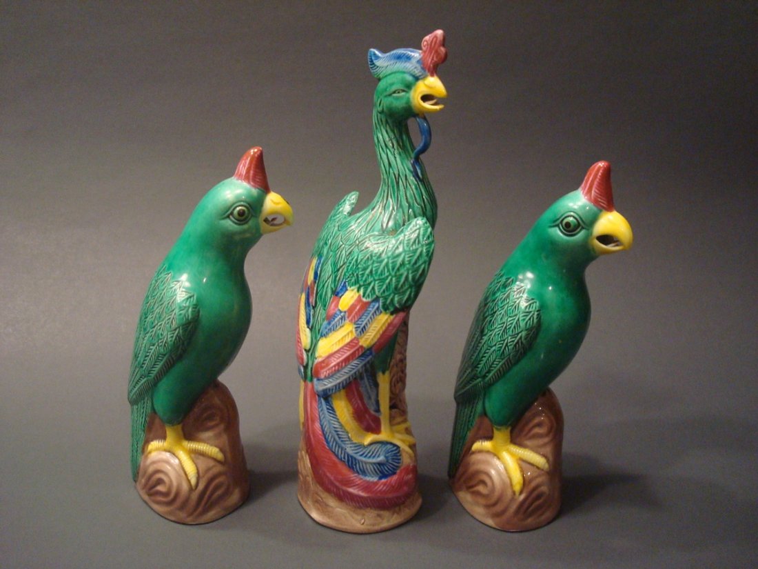 ANTIQUE Chinese Famille Rose Birds (3 pieces). 6 1/2" - (1 of 9)