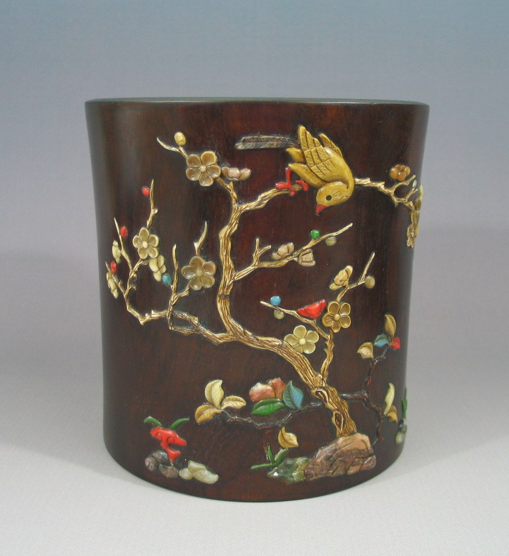 Antique Chinese Rosewood Soapstone Inlaid Brush Pot (1 of 6)