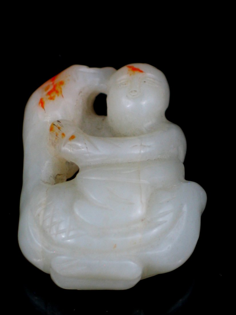 Chinese White Jade Pendant of a Boy Riding on a Goose, (1 of 2)