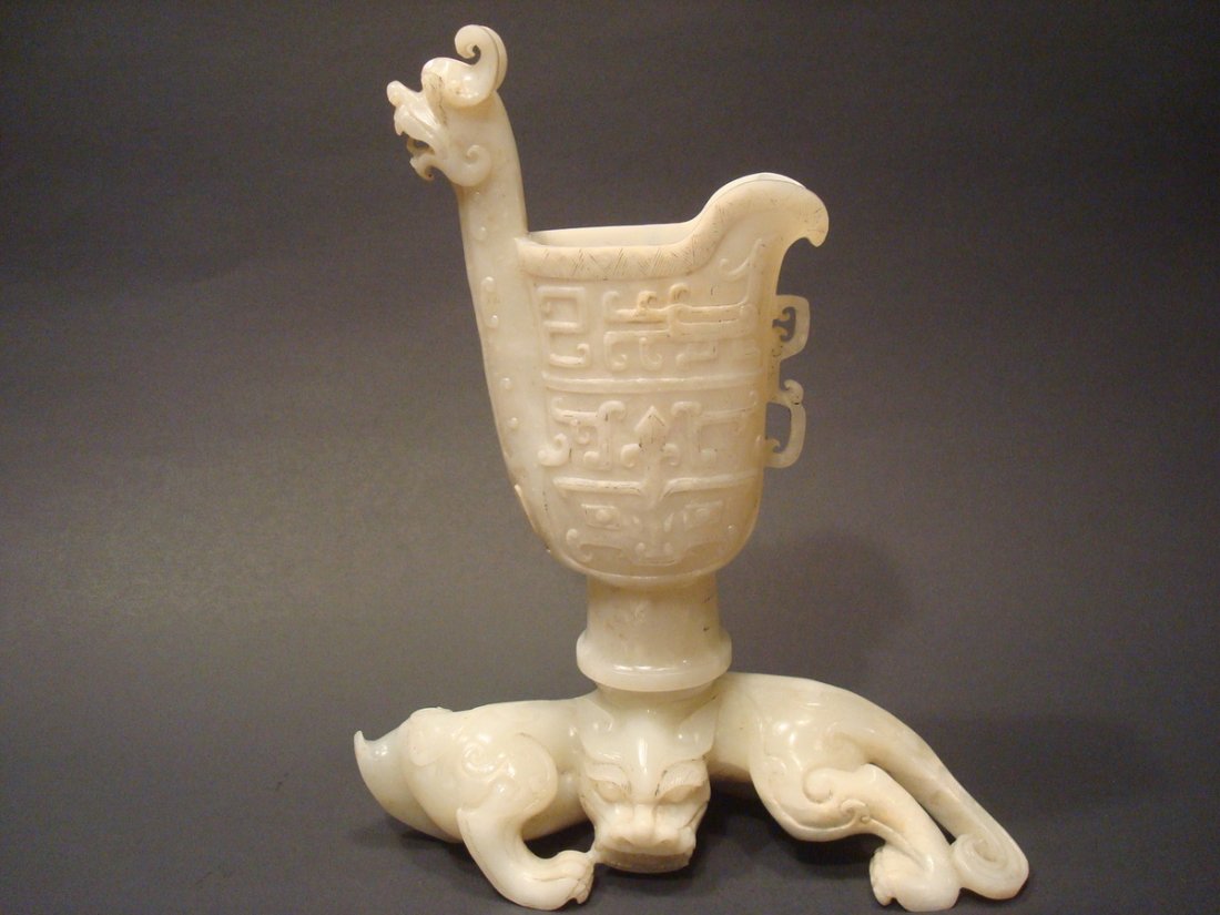 ANTIQUE Chinese White jade Vessel sitting on a dragon, (1 of 10)