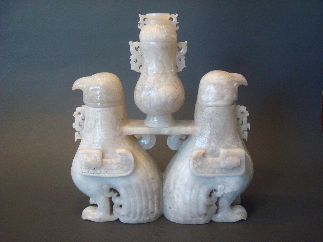 ANTIQUE Chinese White Jade Censer with Vase, 9" H x 8" (1 of 10)