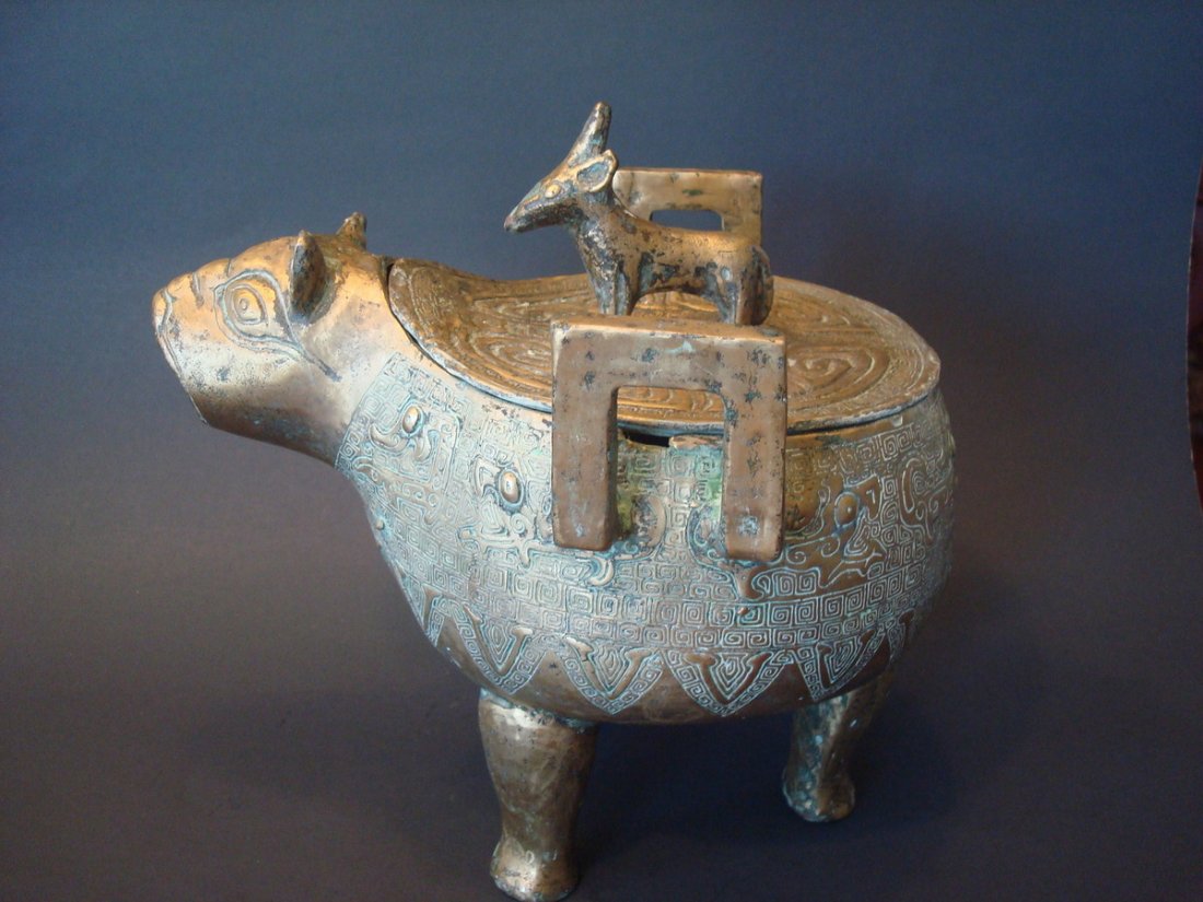 ANTIQUE Chinese Bronze Archaistic Vessel, 9" x 9" x 7" (1 of 9)