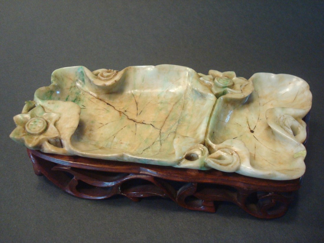 ANTIQUE Chinese Green Jade Brush Washer on wood stand, (1 of 9)