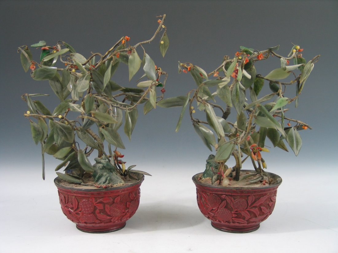 Pair of Chinese Jade Bonsai Trees with Lacquer Bowls, (1 of 6)