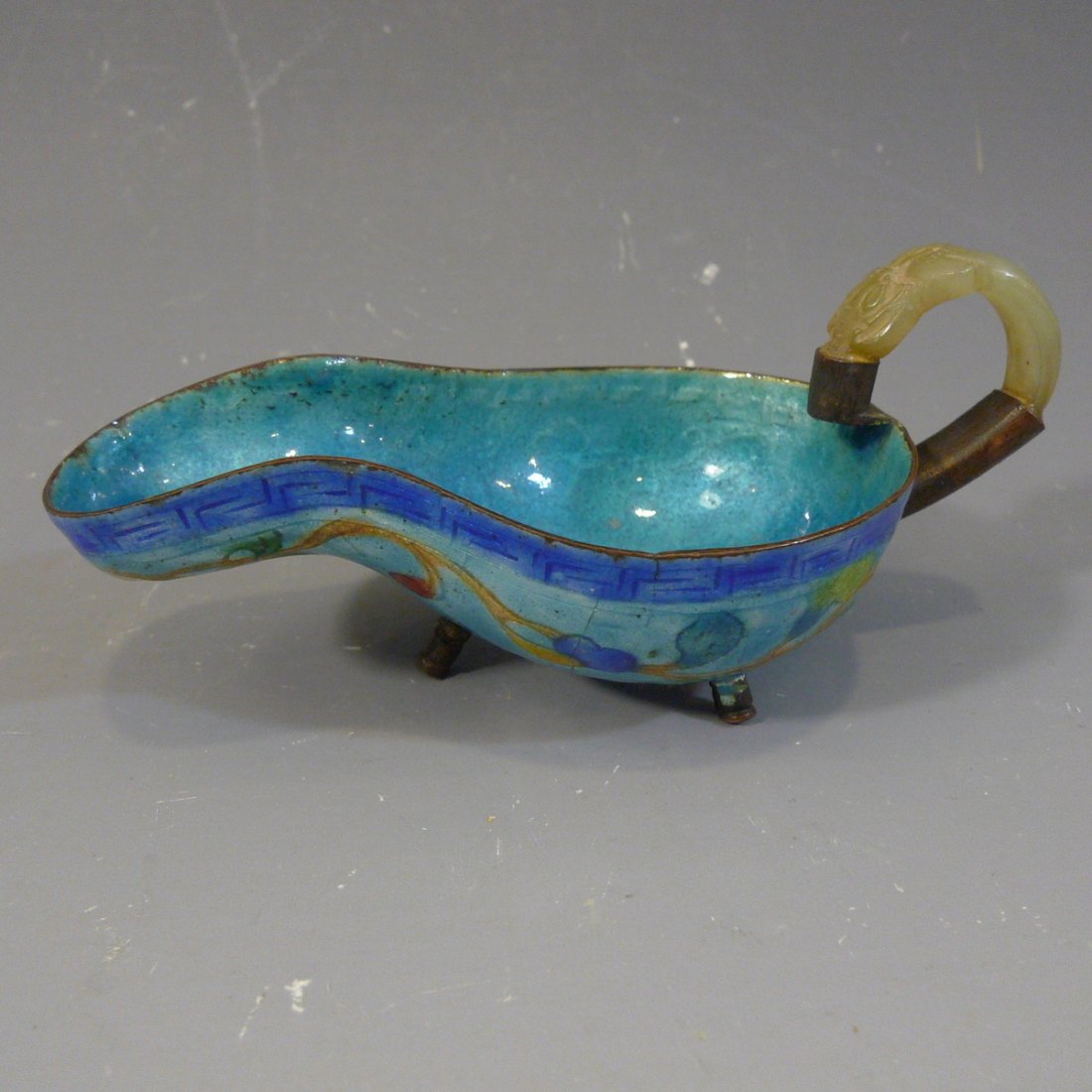 ANTIQUE CHINESE HETIAN JADE HANDLED ENAMEL SAUCER. (1 of 9)