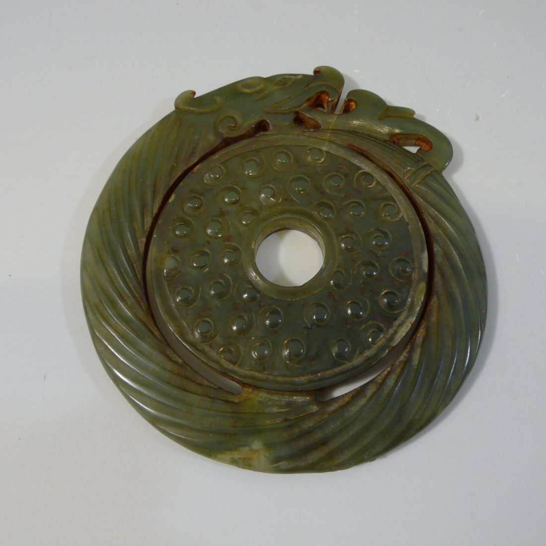 ANTIQUE CHINESE CARVED SPINACH JADE BI - MING DYNASTY (1 of 9)