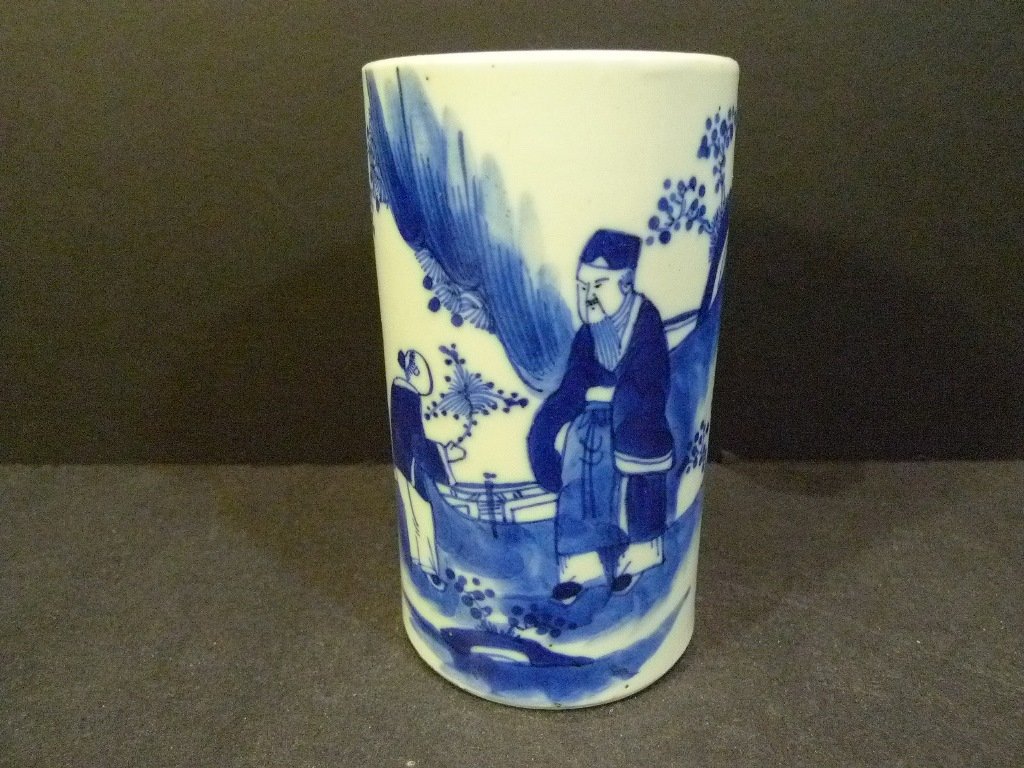 ANTIQUE CHINESE BLUE WHITE PORCELAIN BRUSH POT - 19TH (1 of 7)