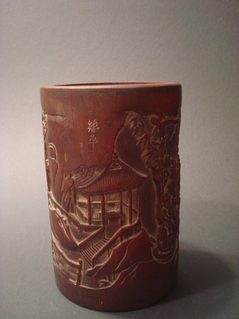 ANTIQUE Chinese Bamboo Bitong Brush Holder, 19th C. 7" (1 of 7)