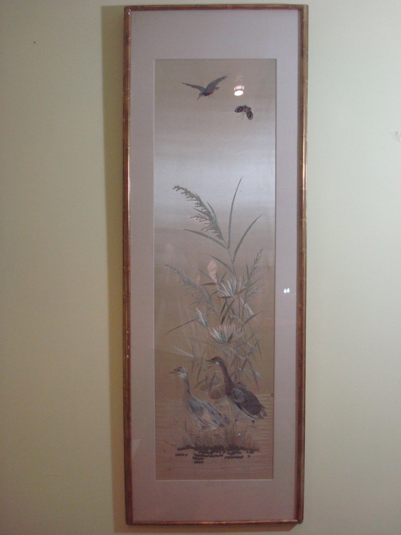 OLD Chinese Embroidery Panel in frame, 52" x 18" wide, (1 of 5)