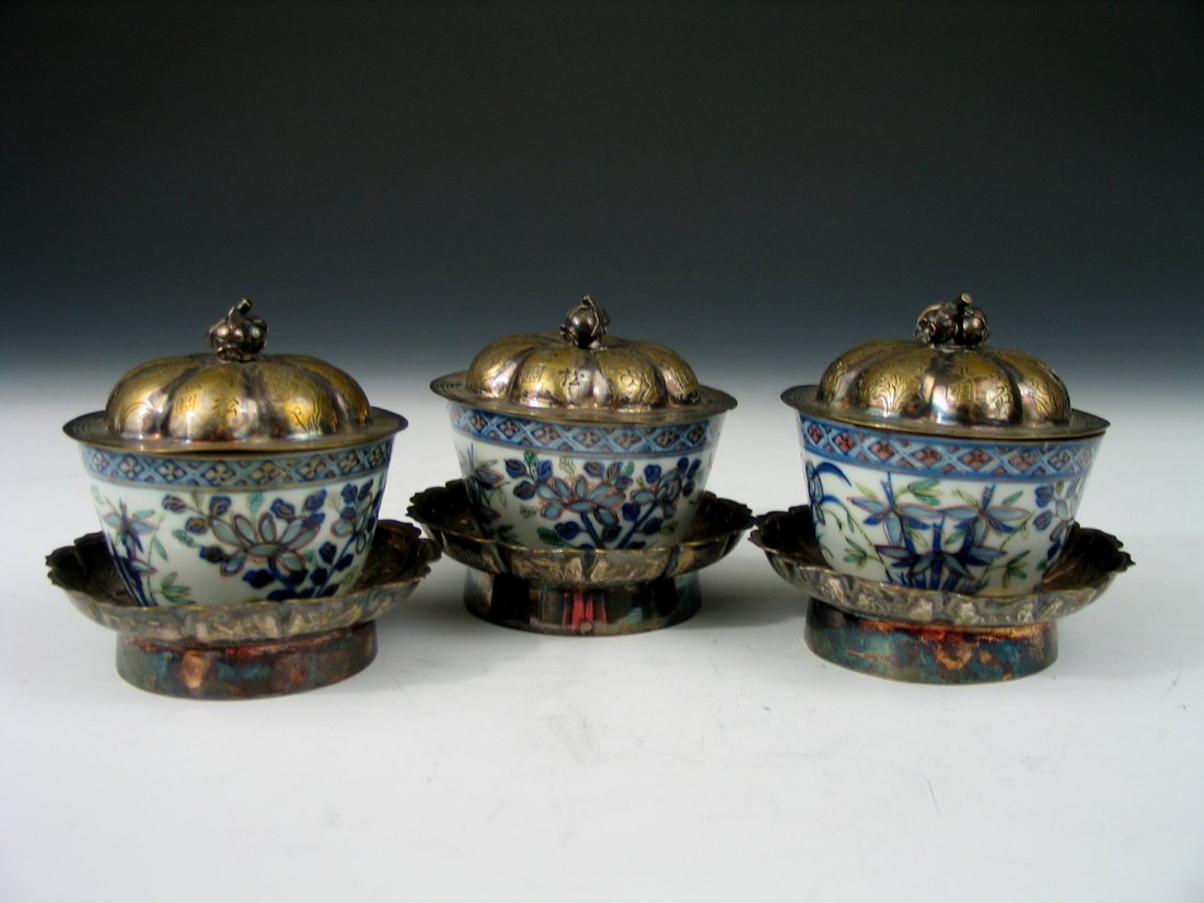 Three Chinese Silver and Porcelain Teacups and holders, (1 of 10)