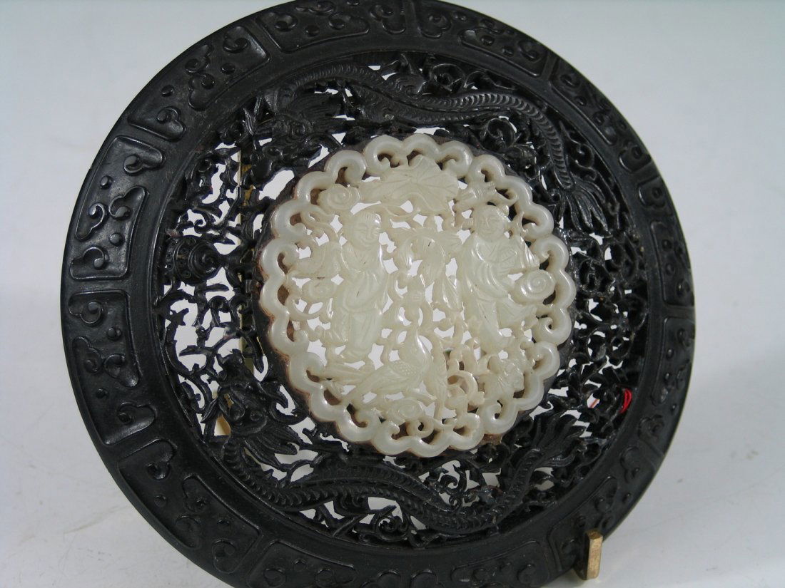Antique Chinese Carved Wood Lid with White Jade Plaque, (1 of 5)