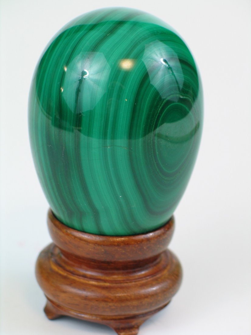 Carved Malachite Egg with Wood Stand (1 of 2)