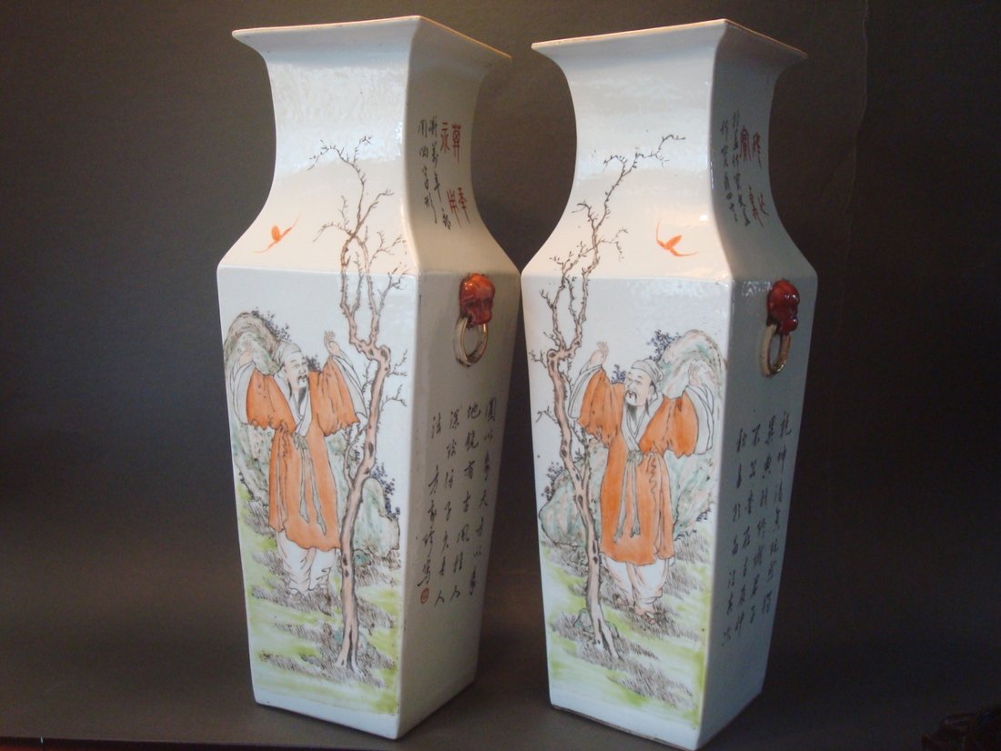 ANTIQUE Pair Chinese Famille Rose Square Vases, 18 1/2" (1 of 10)
