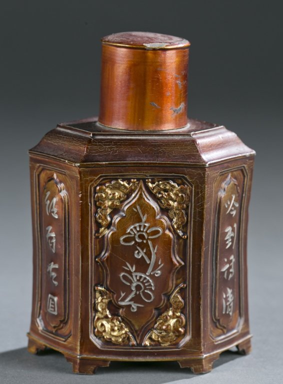 ANTIQUE Chinese Tin Tea caddy, 5" H. 19th C (1 of 4)