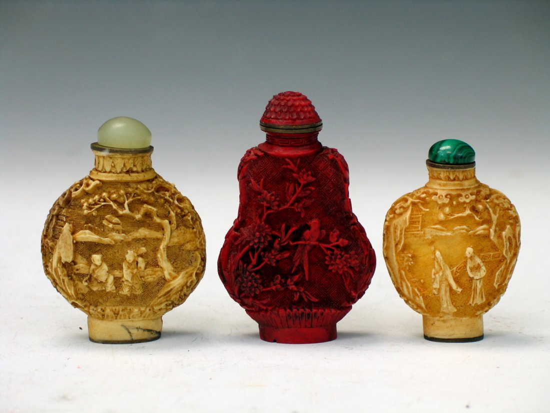 Three Chinese Cinnabar Snuff Bottles (1 of 3)