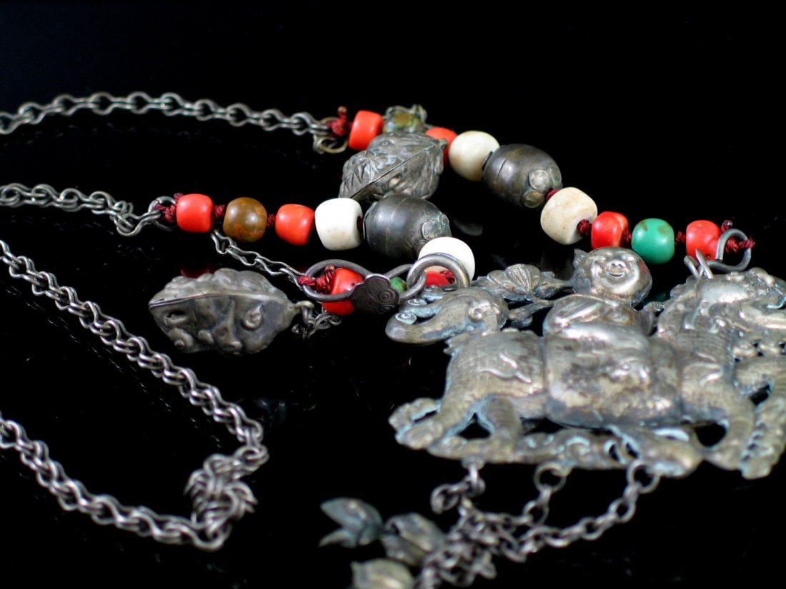 Chinese Silver Necklace, Red Coral, Chequ Beads. (1 of 3)