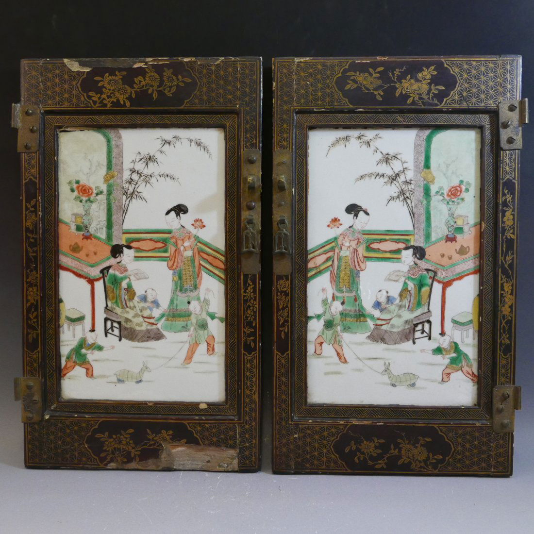 PAIR ANTIQUE CHINESE FAMILLE VERTE PORCELAIN PLAQUE - (1 of 9)