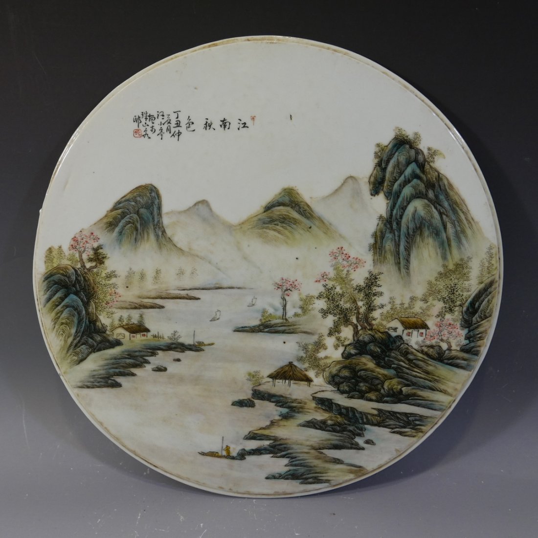 WANG, XIAOTING (1906-1970) ANTIQUE CHINESE FAMILLE: NO RESERVE ON THIS LOT! FIRST BID AT STARTING PRICE MAY GET IT. WANG, XIAOTING (1906-1970) ANTIQUE CHINESE FAMILLE VERTE PLAQUE. EARLY 20TH CENTURY PAINTING OF LANDSCAPE. 31 CM WIDE. PROVENANCE - IMPO
