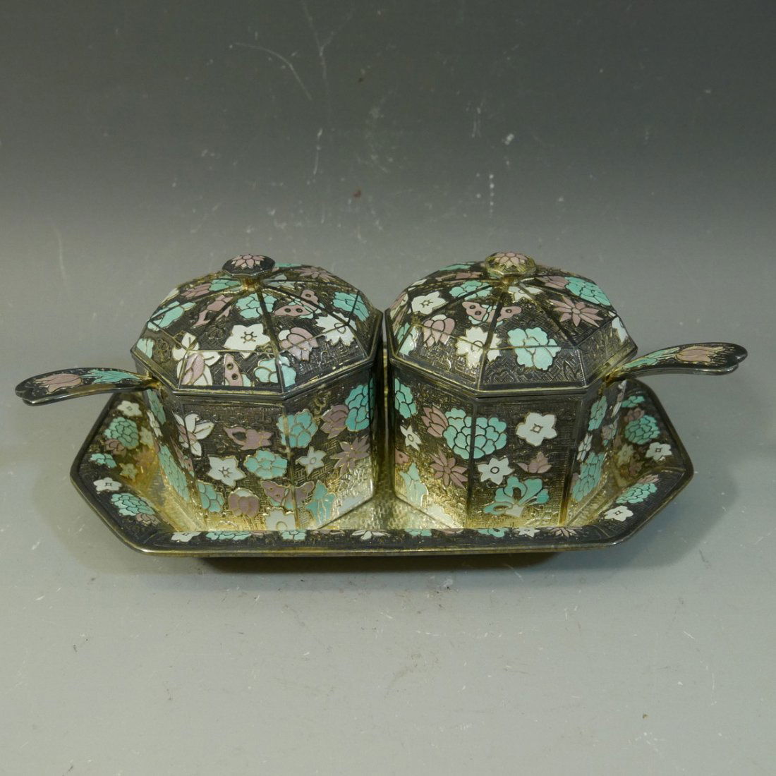 KOREAN .999 PURE SILVER ENAMEL TABLE SET - 704 GRAMS (1 of 9)