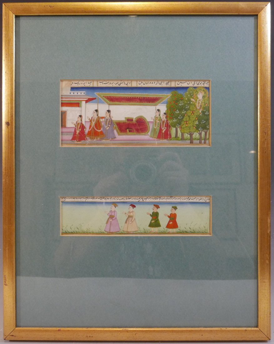 ANTIQUE INDIAN MUGHAL PAINTING - 18TH CENTURY: NO RESERVE ON THIS LOT! FIRST BID AT STARTING PRICE MAY GET IT. ANTIQUE INDIAN MUGHAL PAINTING - 18TH CENTURY. FRAME IS 39X31 CM. PICTURES ARE 173x75MM AND 173x45MM. PROVENANCE - WASHINGTON DC ESTATE