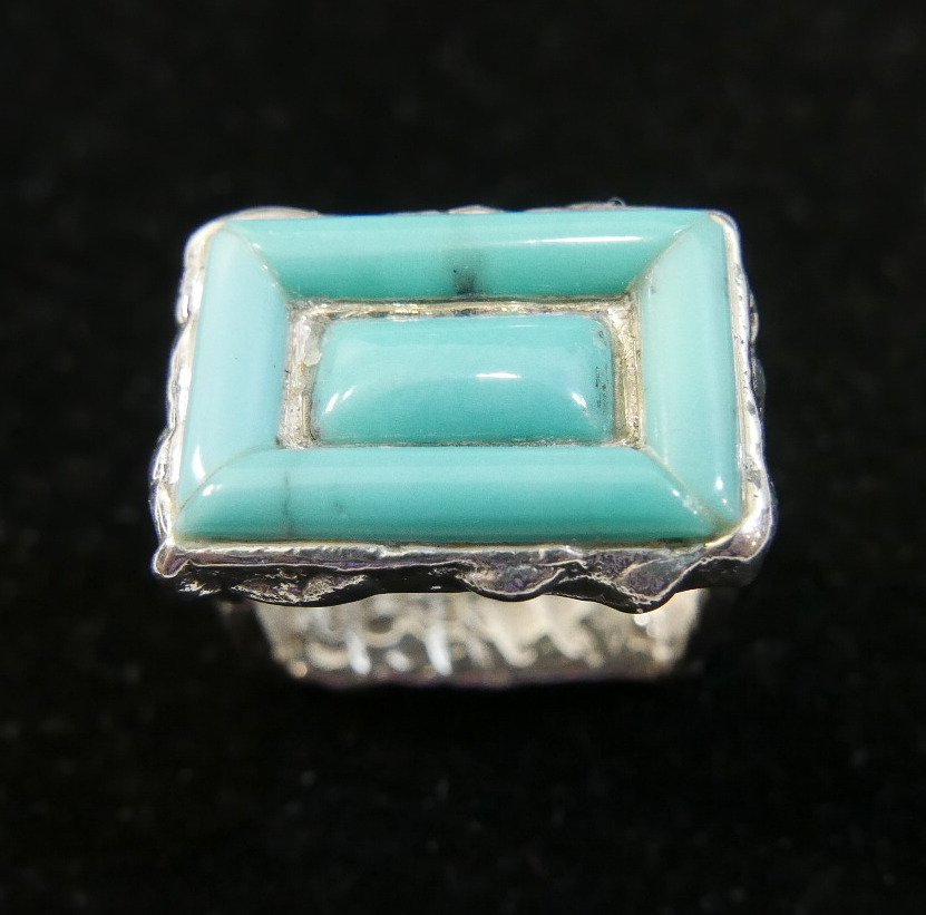 STERLING SILVER TURQUOISE SQUARE RING - SIGNED PB (1 of 5)